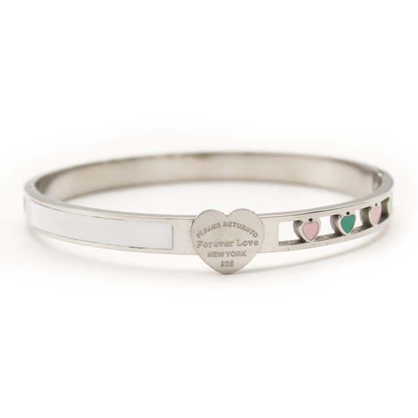 Bracelete Com Corações Coloridos E Madrepérola Em Aço Inox PVD Prata