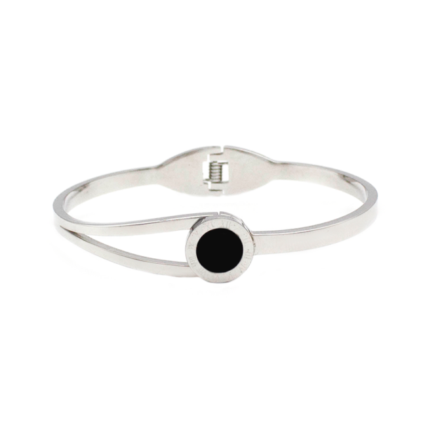 Bracelete Rígido Prata com Esfera Madre Preta Design Elegante Aço Inoxidável
