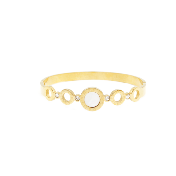 Bracelete Com Madrepérola Central, Esferas Vazadas E Zircônias Em Aço Inox PVD Dourado