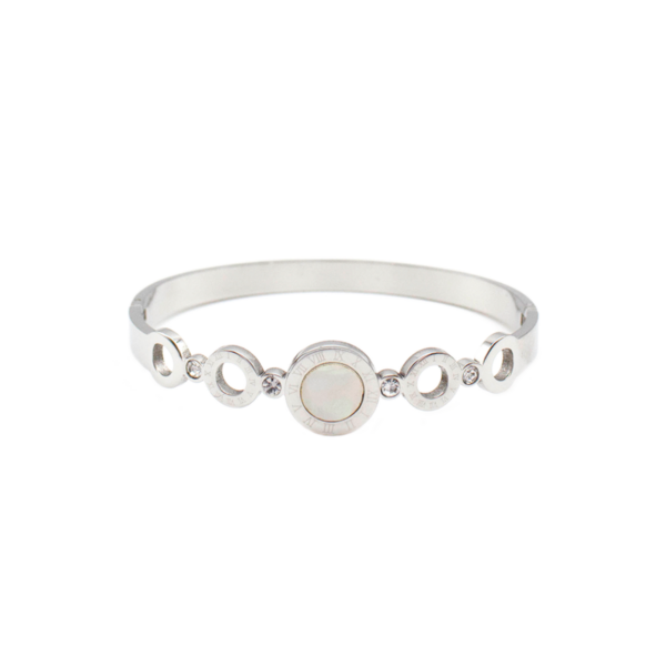 Bracelete Com Madrepérola Central, Esferas Vazadas E Zircônias Em Aço Inox PVD Prata