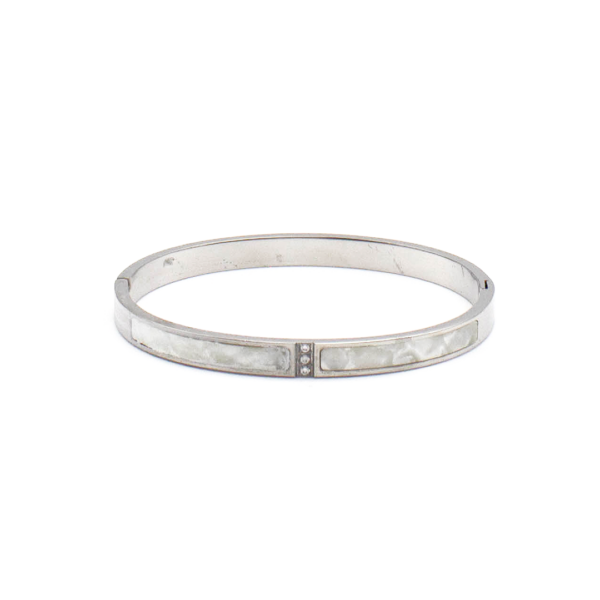 Bracelete Com Madrepérola E Zircônias Centrais Em Aço Inox PVD Prata