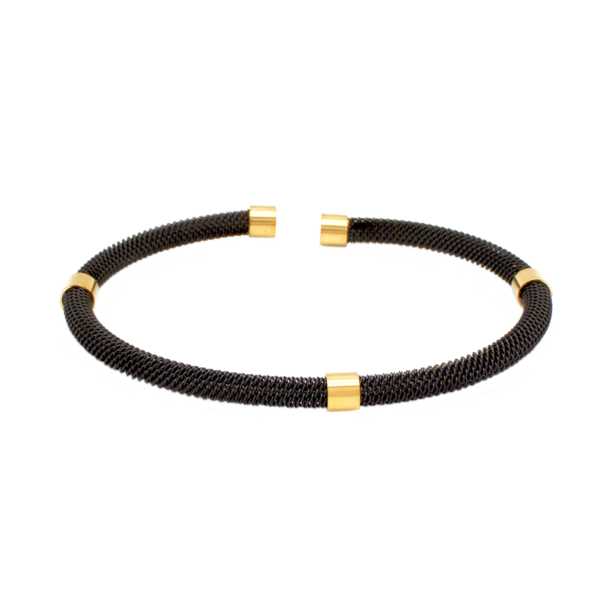 Bracelete Rígido Texturizado Detalhes Lisos Em Aço Inox Com Revestimento PVD Preto