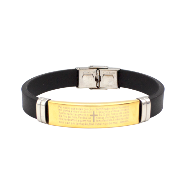 Pulseira Borracha 21 Cm Placa Cruz E Oração Aço Inox Dourado
