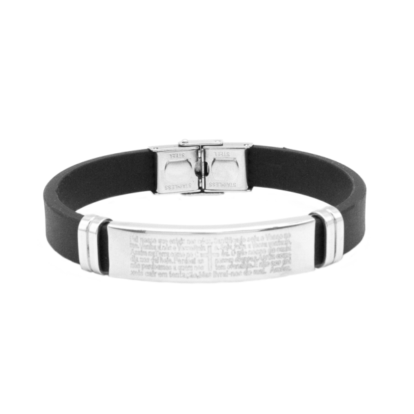 Pulseira Borracha 21 Cm Placa Cruz E Oração Aço Inox Prata
