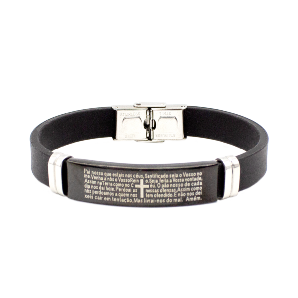 Pulseira Borracha 21 Cm Placa Cruz E Oração Aço Inox Preto