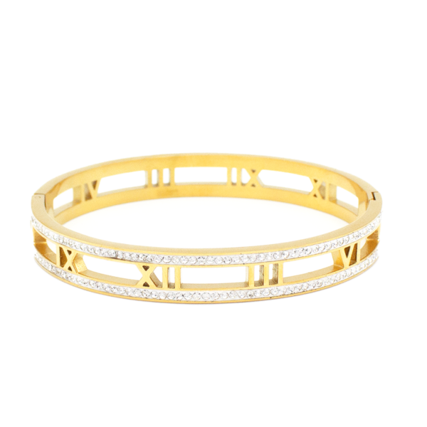 Bracelete Números Romanos Vazados Cravejados Em Aço Inox Com Revestimento PVD Dourado