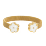 Bracelete Malha Milanesa Com Flores De Madrepérola Branca Aço Inox Dourado