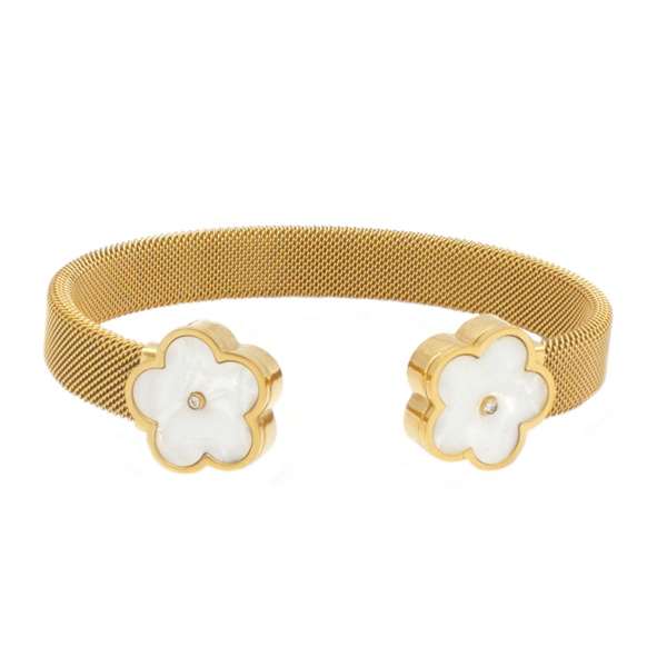 Bracelete Malha Milanesa Com Flores De Madrepérola Branca Aço Inox Dourado