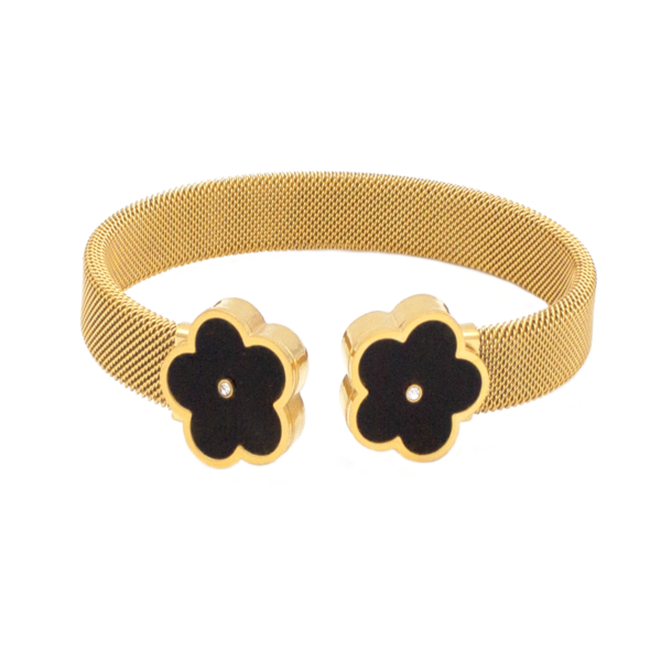 Bracelete Malha Milanesa Com Flores De Madrepérola Preta Aço Inox Dourado