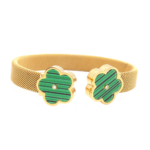 Bracelete Malha Milanesa Com Flores De Madrepérola Verde Aço Inox Dourado