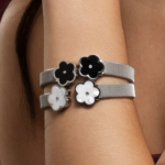 Bracelete Malha Milanesa Com Flores De Madrepérola Branca Aço Inox Prateado