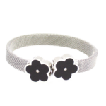 Bracelete Malha Milanesa Com Flores De Madrepérola Preta Aço Inox Prateado