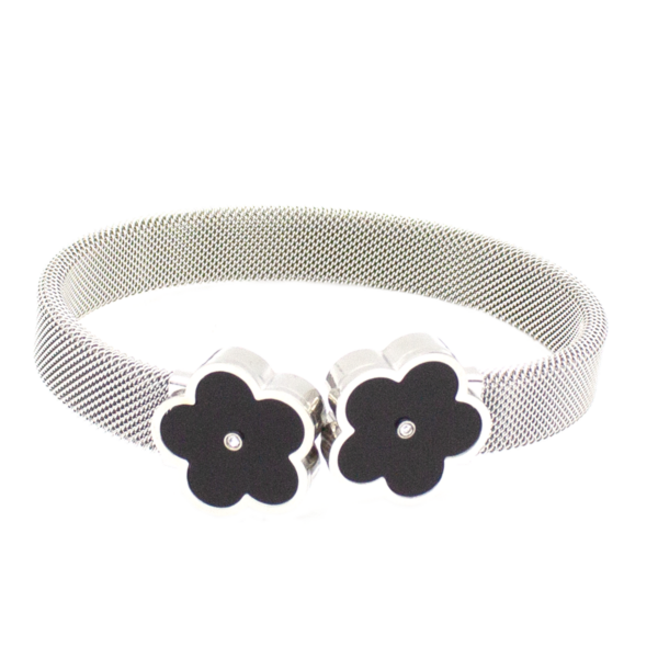 Bracelete Malha Milanesa Com Flores De Madrepérola Preta Aço Inox Prateado