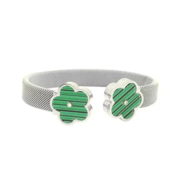 Bracelete Malha Milanesa Com Flores De Madrepérola Verde Aço Inox Prateado