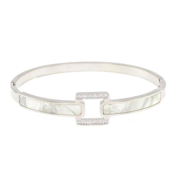 Bracelete Com Madrepérola E Detalhe Central Quadrado Cravejado Em Aço Inox Com Revestimento PVD Prateado