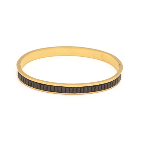 Bracelete Feminino Rígido Com Zircônias Pretas Em Aço Inox PVD Dourado