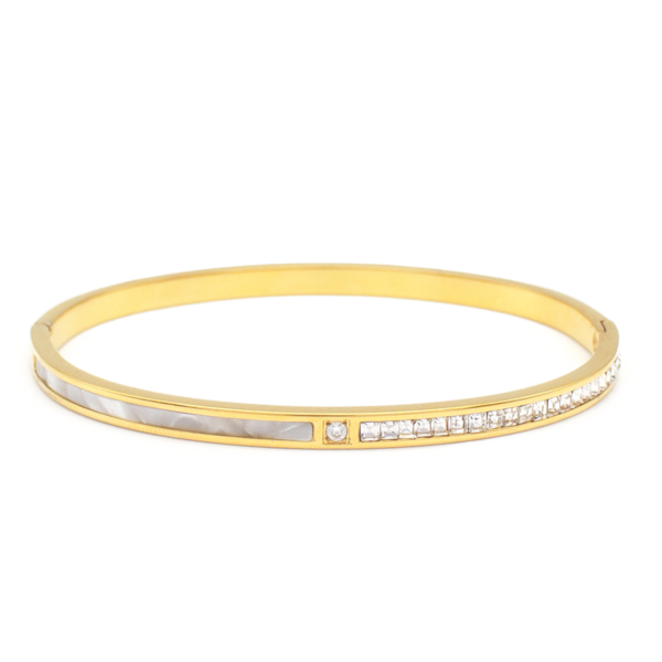 Bracelete Detalhado Em Madrepérola E Zircônia Em Aço Inox Com Revestimento PVD Dourado