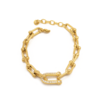 Pulseira Feminina Elo Cadeado Cravejado Em Zircônias Em Aço Inox PVD Dourado
