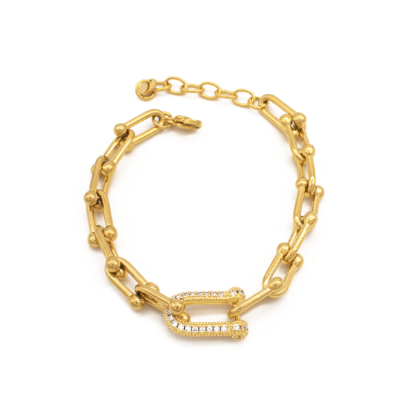 Pulseira Feminina Elo Cadeado Cravejado Em Zircônias Em Aço Inox PVD Dourado