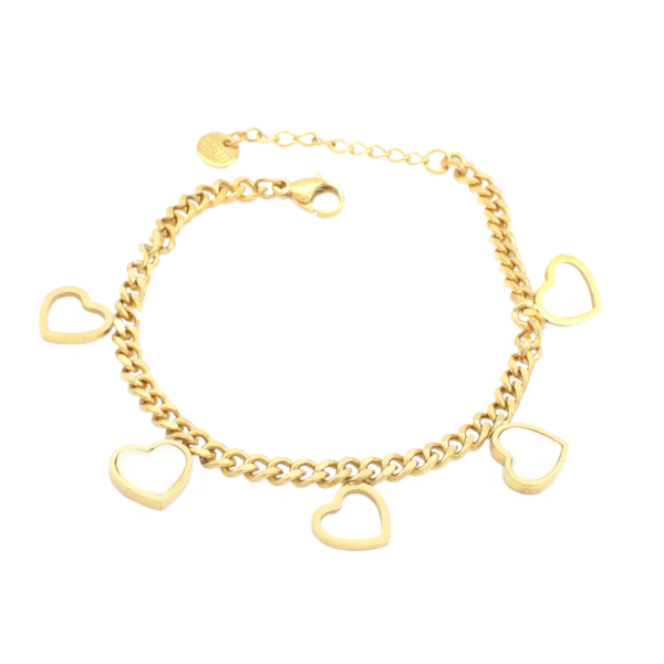 Pulseira De Elos Com Corações Vazados E Madrepérola Aço Inox Com Revestimento PVD Dourado