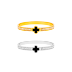 Bracelete Feminino Trevo Cravejado em Cristais em Aço Inox PVD Dourado e Prata