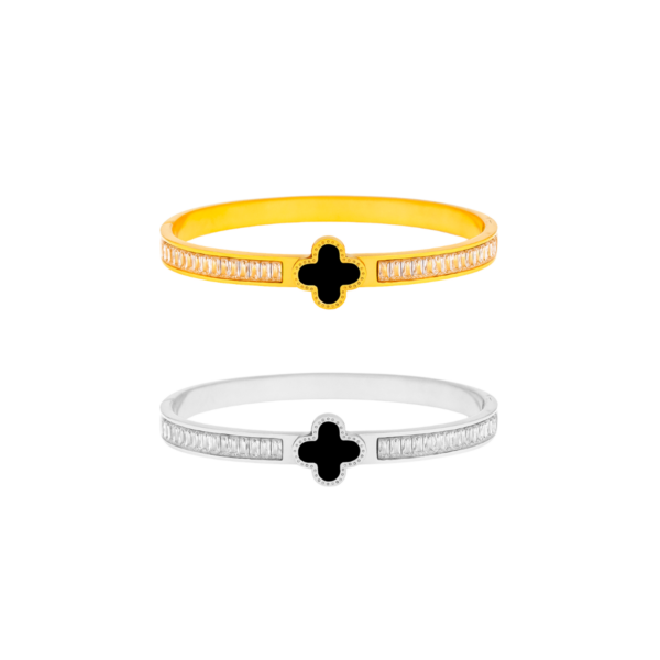 Bracelete Feminino Trevo Cravejado em Cristais em Aço Inox PVD Dourado e Prata