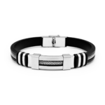 Pulseira Feminina Bracelete Listras em Couro e Aço Inox PVD