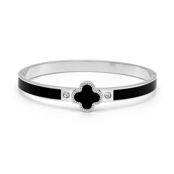 Bracelete Feminino Trevo e Pedra de Zircônia em Aço Inox Prata
