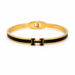 Bracelete Feminino Fino em formato H central Em Aço Inox Dourado