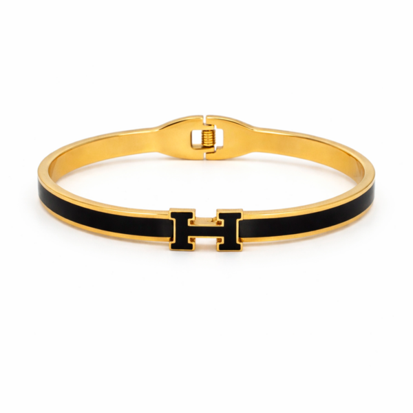 Bracelete Feminino Fino em formato H central Em Aço Inox Dourado