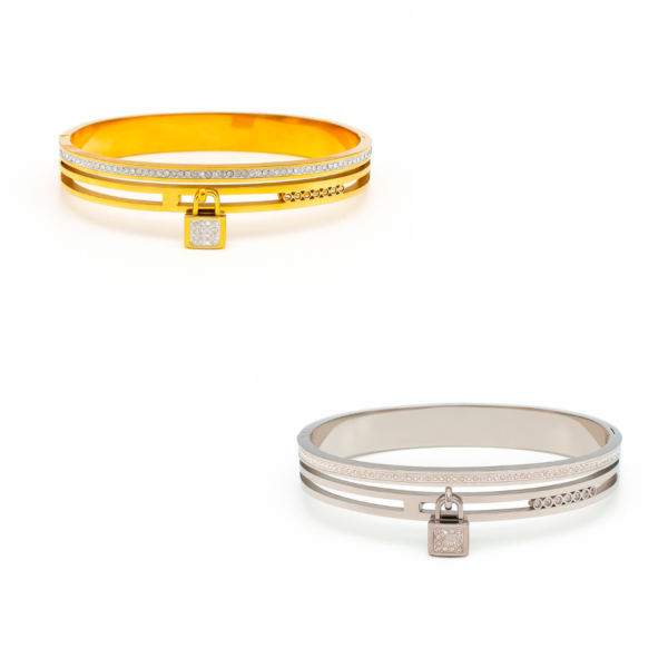 Bracelete Feminino Cadeado Cravejado em Cristais em Aço Inox Dourado e Prata