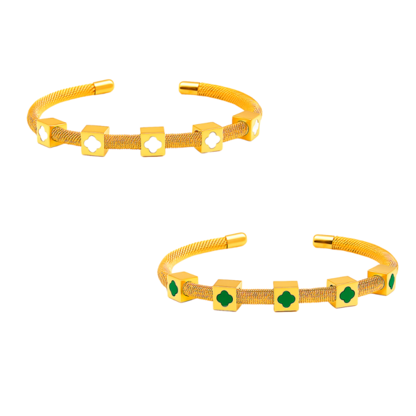 Bracelete Feminino Rígido com Trevos em Aço Inox PVD Dourado