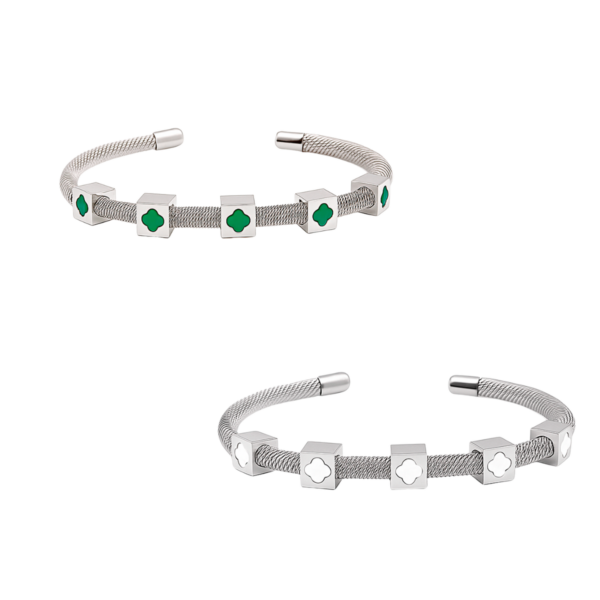 Bracelete Feminino Rígido com Trevos em Aço Inox PVD Prata