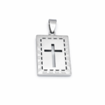 Pingente Retangular com Cruz Vazada Central 2x3cm em Aço Inox Prata