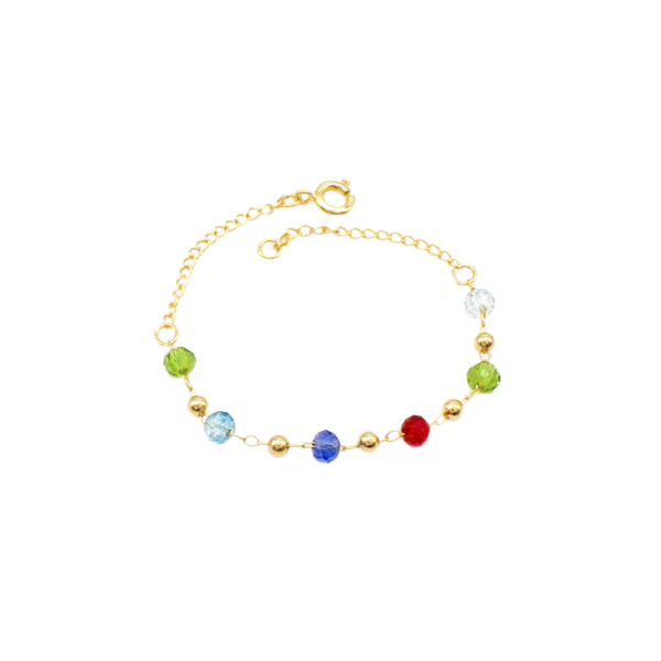 Pulseira Infantil Bolinhas E Cristais Coloridos 15cm Banhada A Ouro Com Design Divertido E Delicado