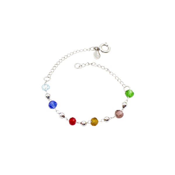 Pulseira Infantil Bolinhas E Cristais Coloridos 15cm Banhada A Ródio Com Brilho Suave E Colorido