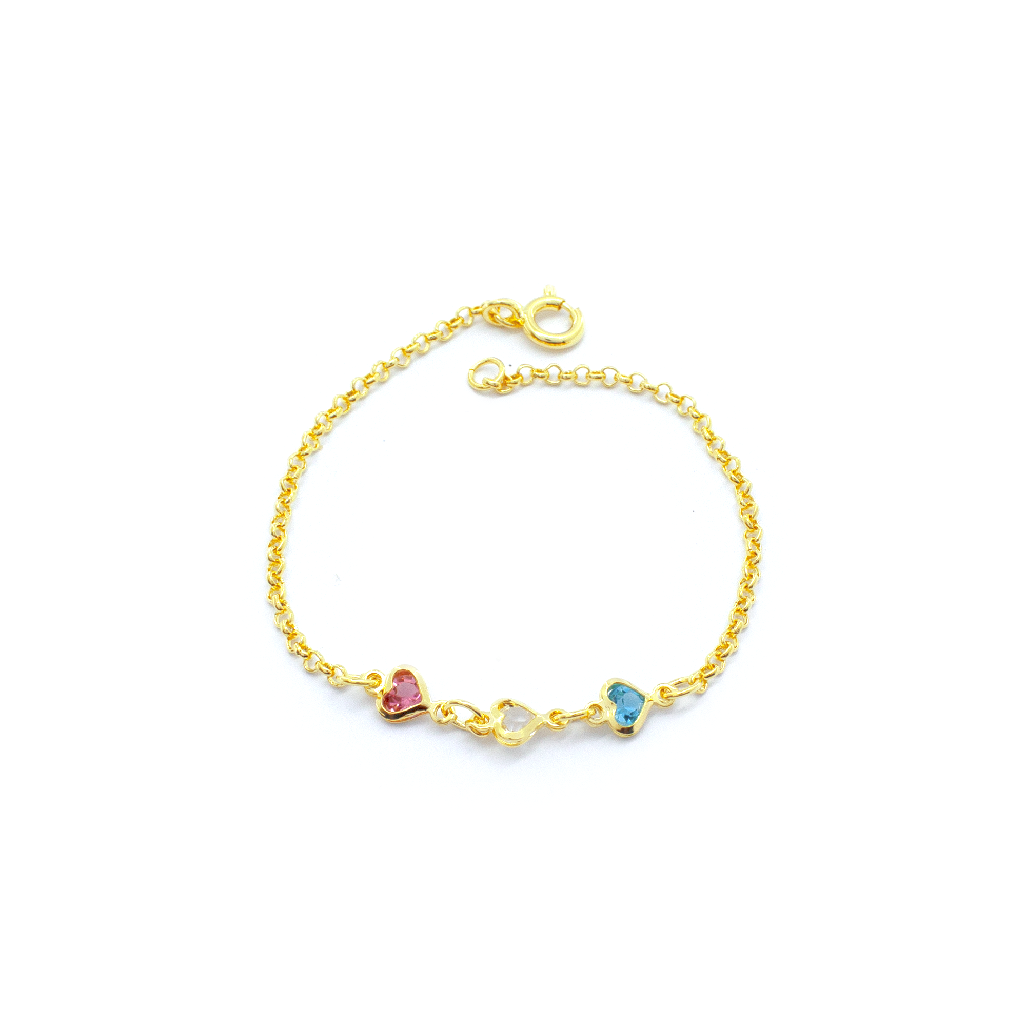 PU1682-OU-1 Pulseira Infantil com Corações Coloridos Banhada a Ouro - Imagem 1