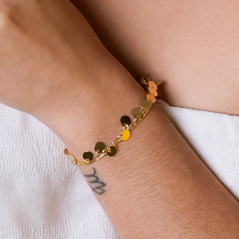 PU1847-OU-1 Pulseira De Elos Com Esferas De Chapinha Design Elegante Banhada A Ouro - Imagem 1