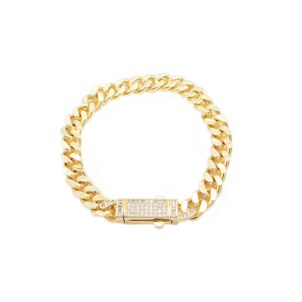 Pulseira Bracelete Feminina Com Elo Cubano E Zircônias Cravejadas Em Aço Inox PVD Dourado