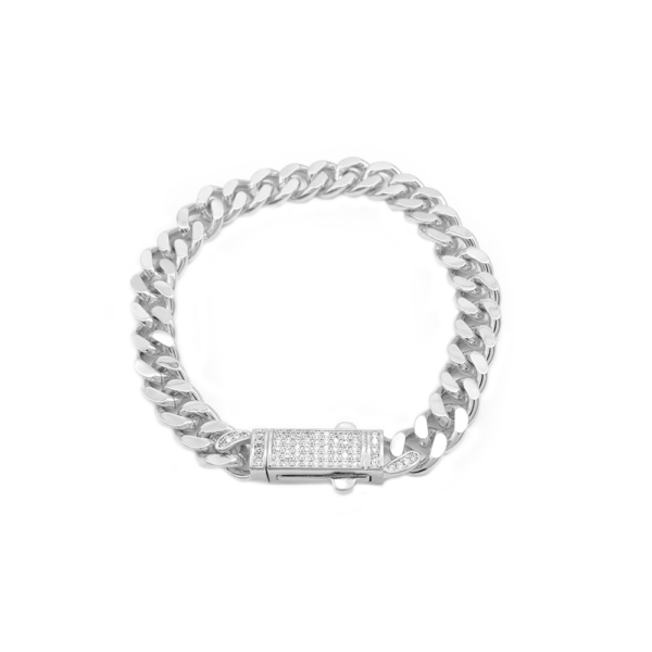 Pulseira Bracelete Feminina Com Elo Cubano E Zircônias Cravejadas Em Aço Inox PVD Prata