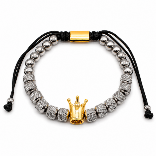 Pulseira Masculina em Aço Inox com Coroa Dourada Detalhada e Fecho Ajustável