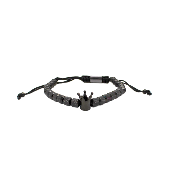 Pulseira Masculina Com Coroa Design Premium Banhada A Ródio Negro Com Textura Imponente