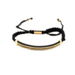 Pulseira Masculina Com Cordão Ajustável E Zircônias Pretas Em Aço Inox PVD Dourado