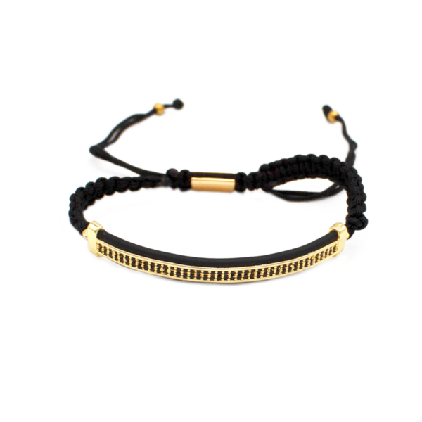 Pulseira Masculina Com Cordão Ajustável E Zircônias Pretas Em Aço Inox PVD Dourado