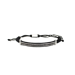 Pulseira Masculina Com Cordão Ajustável E Zircônias Pretas Em Aço Inox PVD Prata