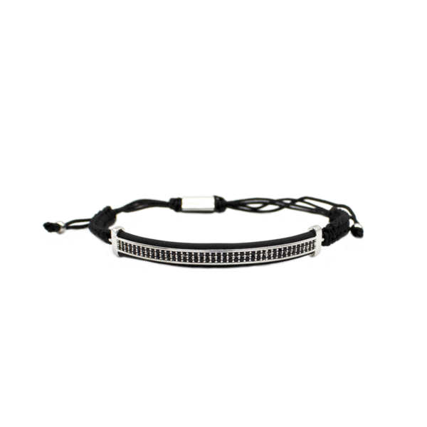 Pulseira Masculina Com Cordão Ajustável E Zircônias Pretas Em Aço Inox PVD Prata
