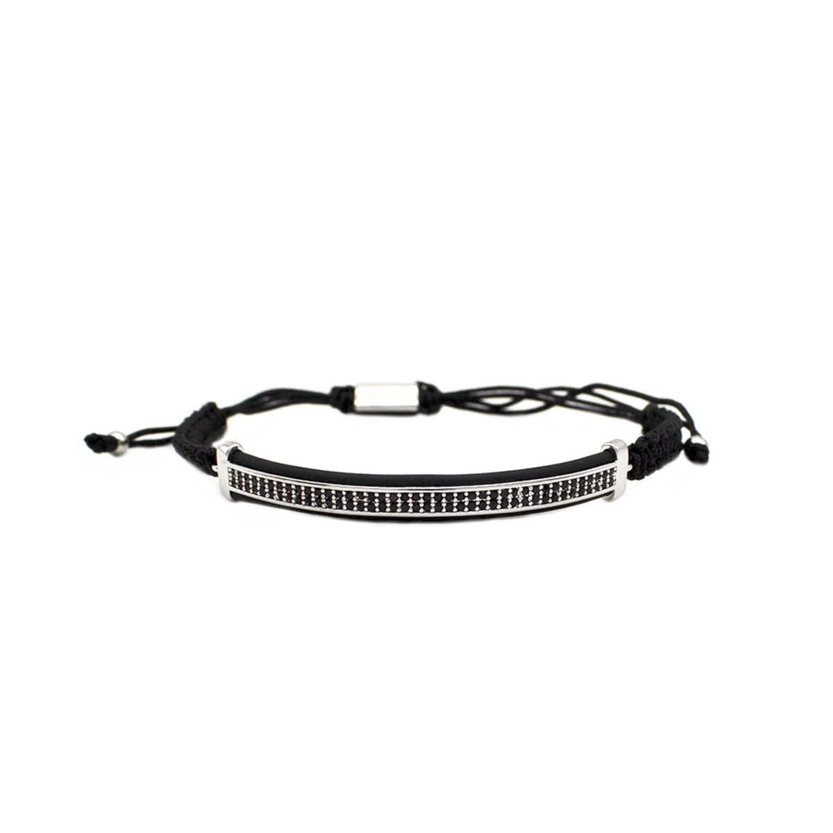 PU1931-RB-1 Pulseira Masculina Com Cordão Ajustável E Zircônias Pretas Em Aço Inox PVD Prata - Imagem 1
