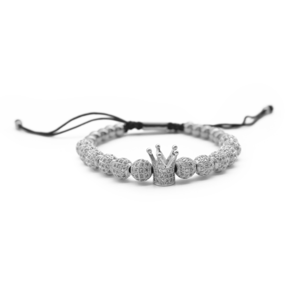 Pulseira Masculina De Coroa E Esferas Com Zircônias Cravejadas Em Aço Inox PVD Prata