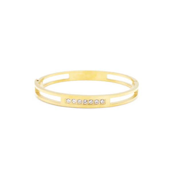 Bracelete Com Zircônia Central Cravejada Clássica Em Aço Inox PVD Dourado