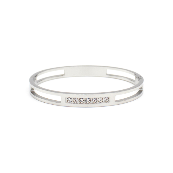 Bracelete Com Zircônia Central Cravejada Clássica Em Aço Inox PVD Prata